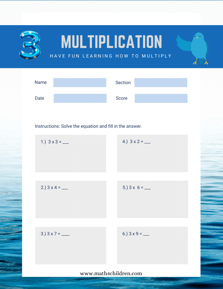 Multiplication table sheets by three
